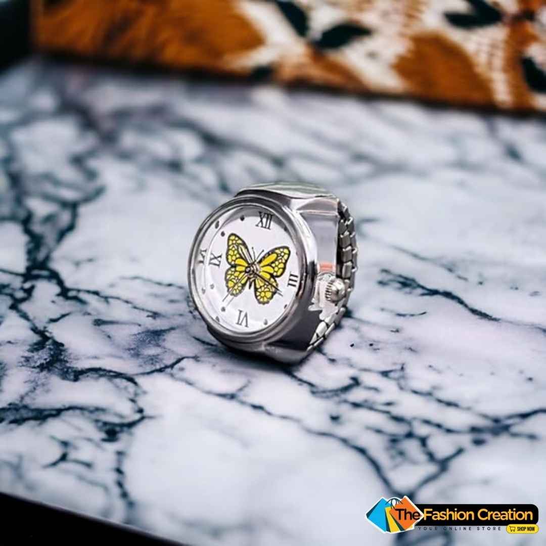 Stylish Yellow Butterfly Finger Ring Watch For  Women