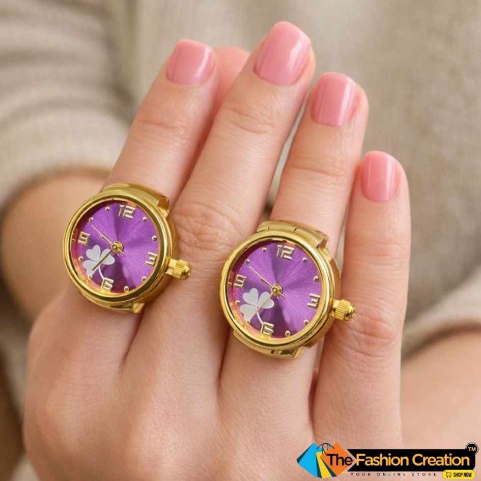 Stylish Purple Gold Finger Ring Watch For Women And Girls