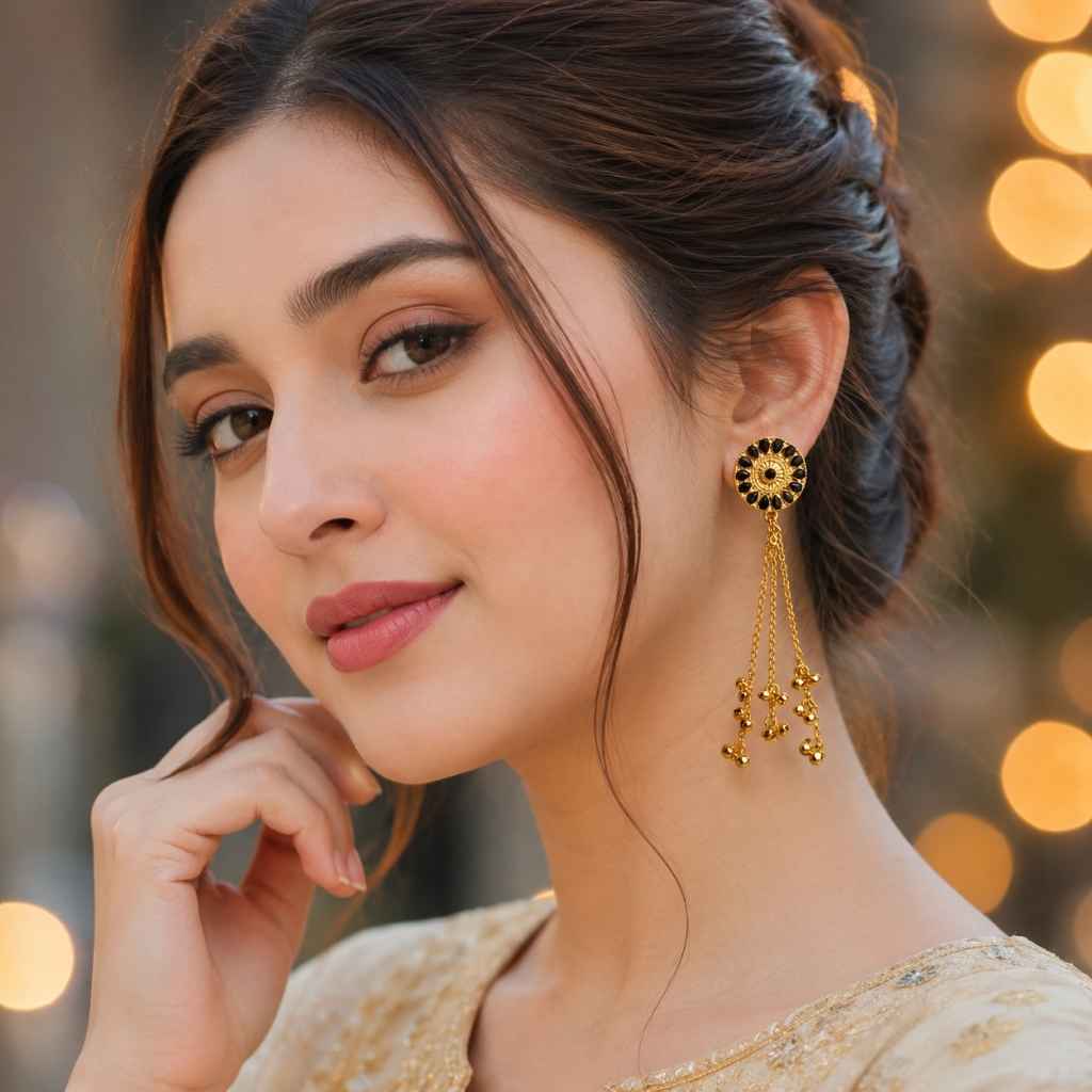 Latest Kashmiri Ghungroo Gold Plated Earrings With Black Stone