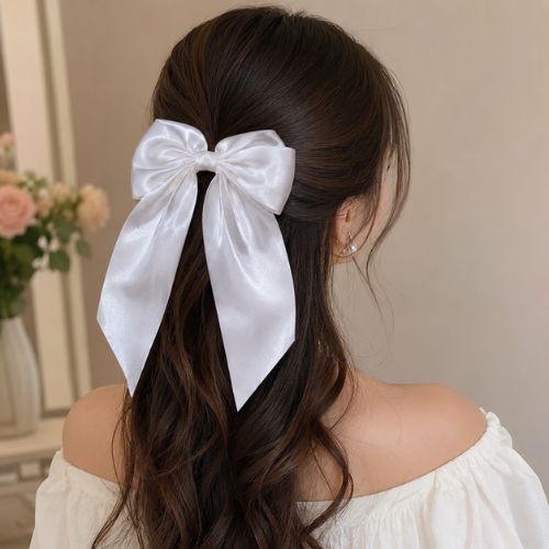 Designer White Satin Hair Bow For Women