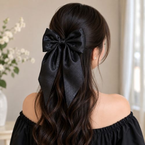 Elegant Black Satin Hair Bow For Girls & Women