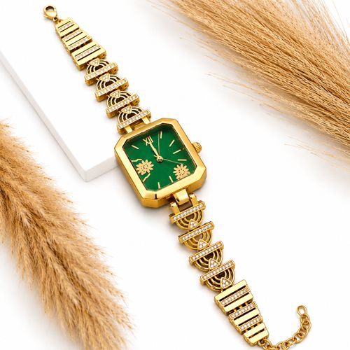 Luxury Green Dial Gold Plated Women Bracelet Watch