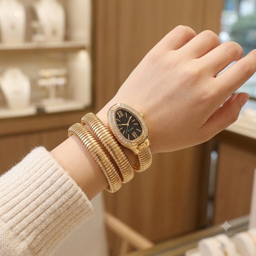 Luxury Black Dial Snake Bracelet Watch For Women