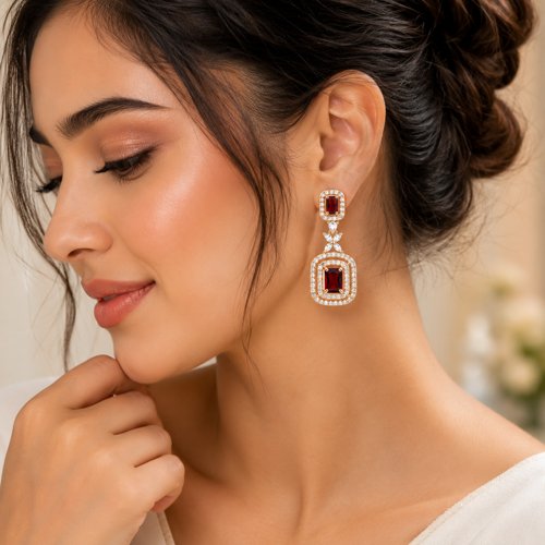 Gold Plated Red Glass Crystal Stones Studded Earring