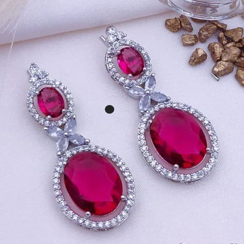 Silver Red Kundan Diamond Dangle Earrings For Women