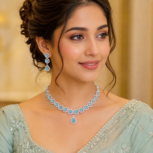 Premium Aqua Blue Stone Necklace Set With Earrings