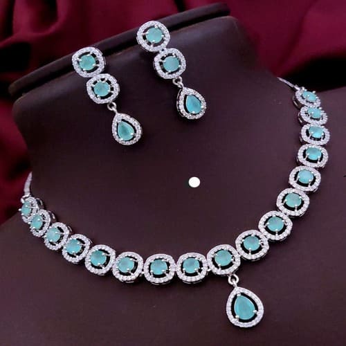 Premium Aqua Blue Stone Necklace Set With Earrings